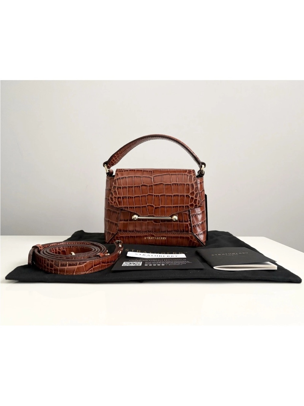 NEW Strathberry Mosaic Nano Brown Croc Embossed Leather Top Handle Crossbody Bag - Picture 3 of 16